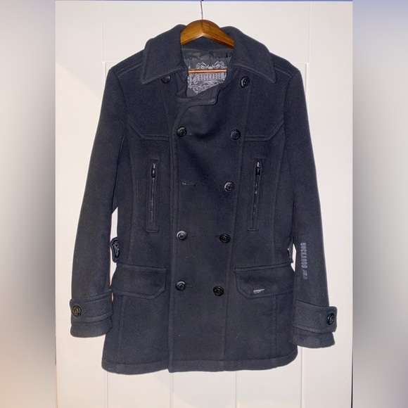 Vintage Buckaroo Modern J1950 Wool Black‎ Pea Coat Eight Button Men L Cowboy - Picture 10 of 11